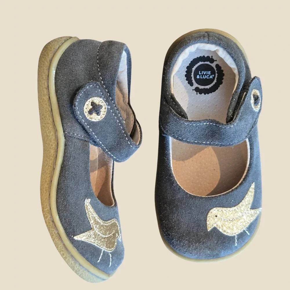 Livie & Luca Pio Pio Gray Suede Gold Glitter Bird Mary Jane Flats Girls Size 9c